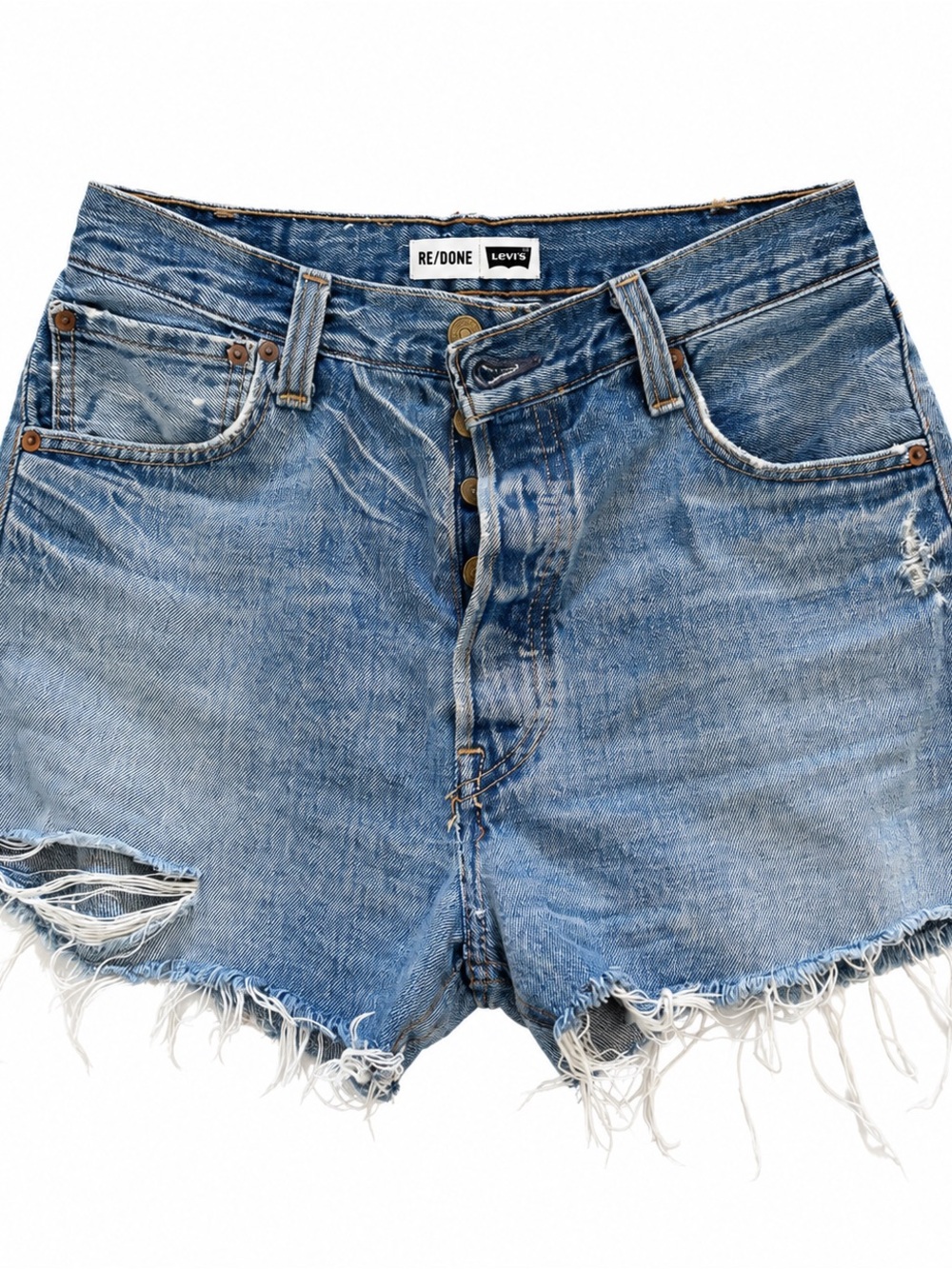 Re/Done Distressed Light Blue Denim Cutoff Shorts